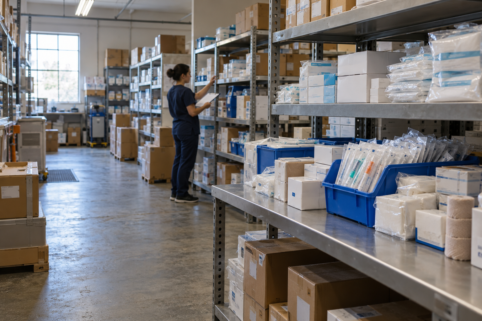Worker checking shelves of medical supplies in a small warehouse
